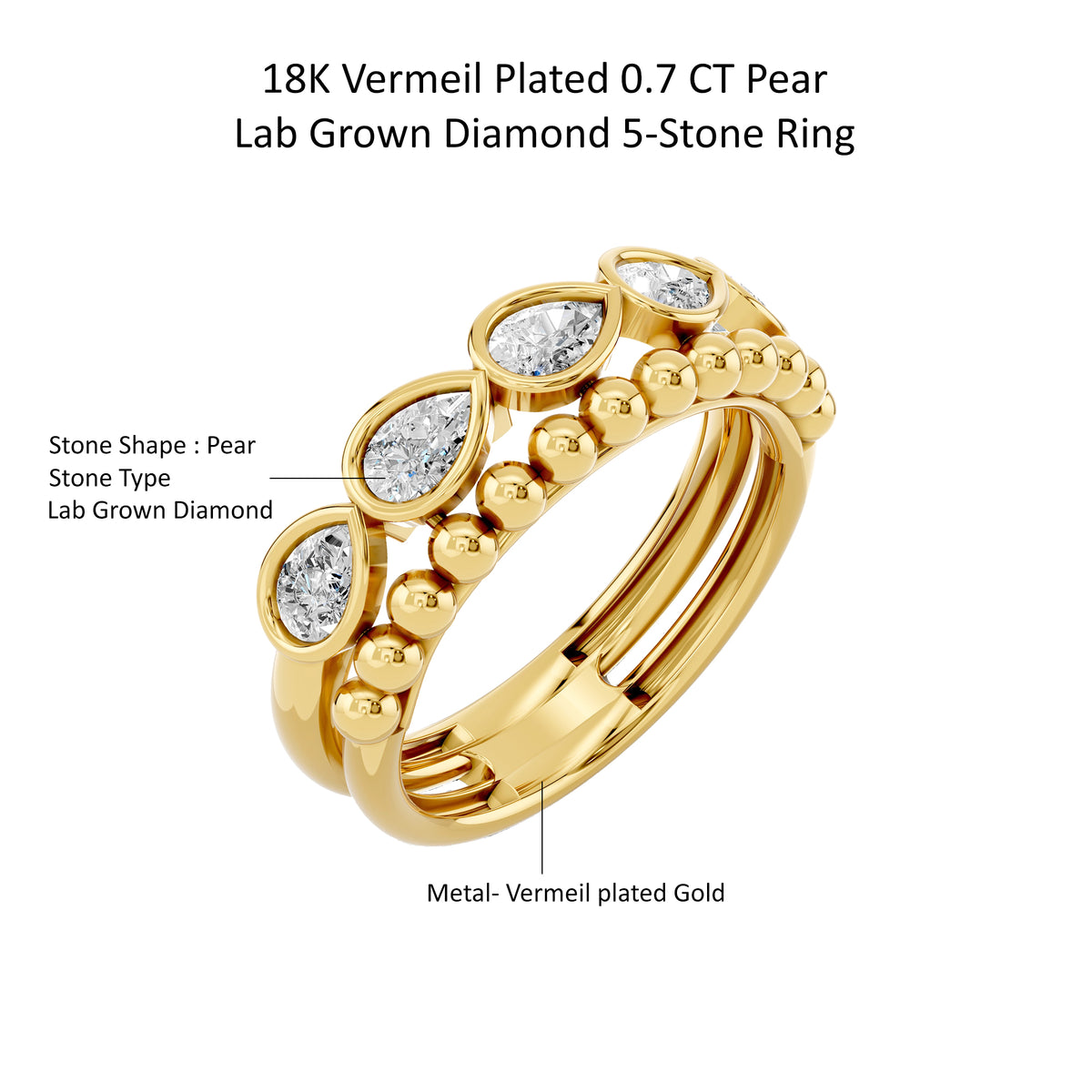 14k Yellow Gold or 18K Gold Vermeil 0.7 Ct Pear Lab Grown Diamond 5-Stone Ring Size 7