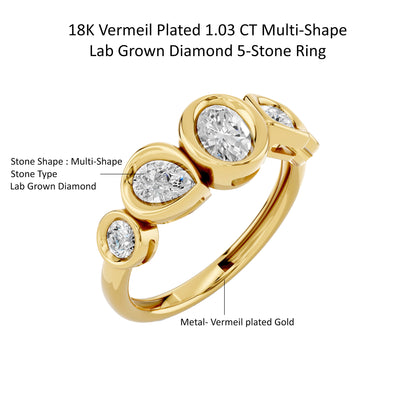 14k Yellow Gold or 18K Gold Vermeil 1.03 Ct Multi-Shape Lab Grown Diamond 5-Stone Ring Size 7