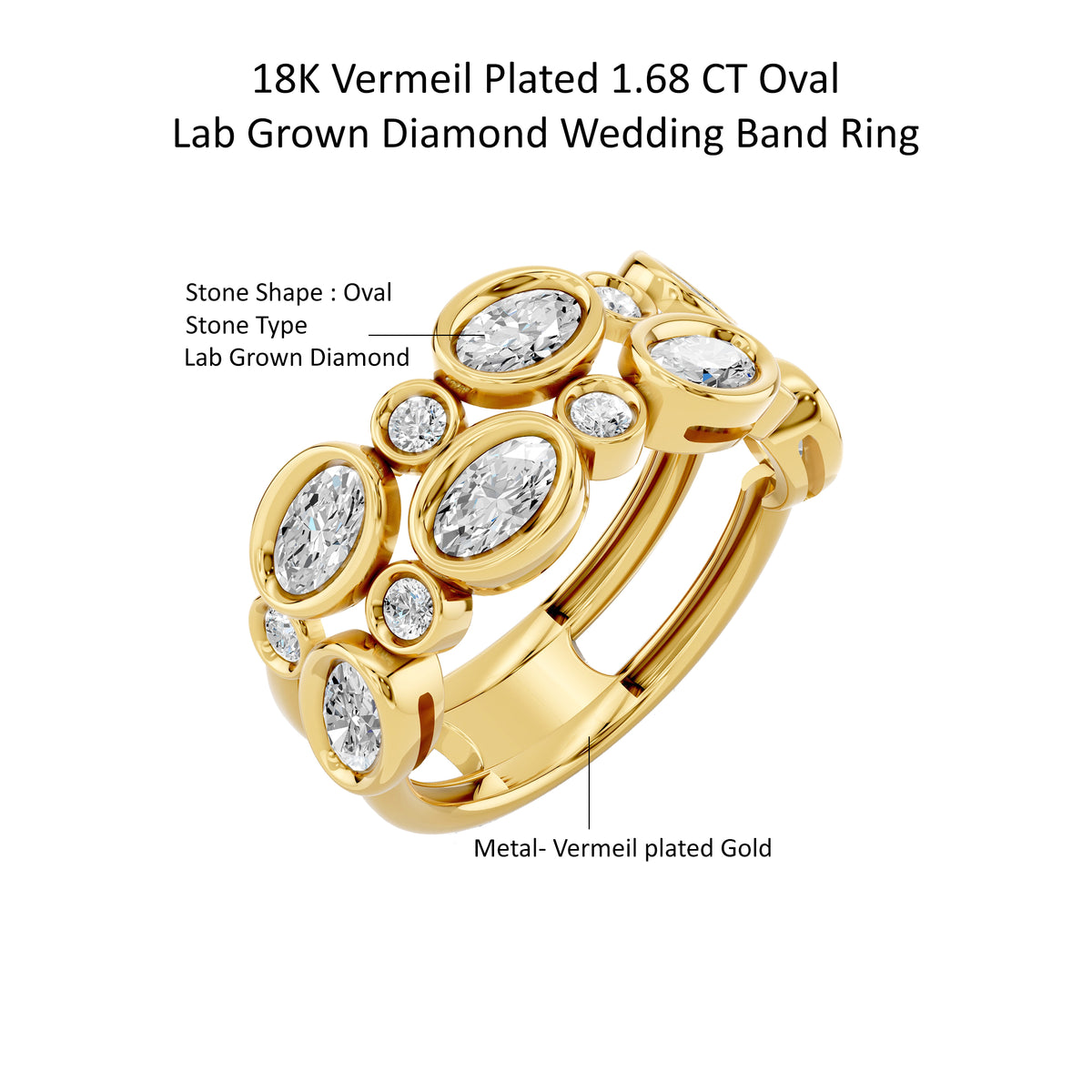 14k Yellow Gold or 18K Gold Vermeil 1.68 Ct Oval Lab Grown Diamond Wedding Band Ring Size 7