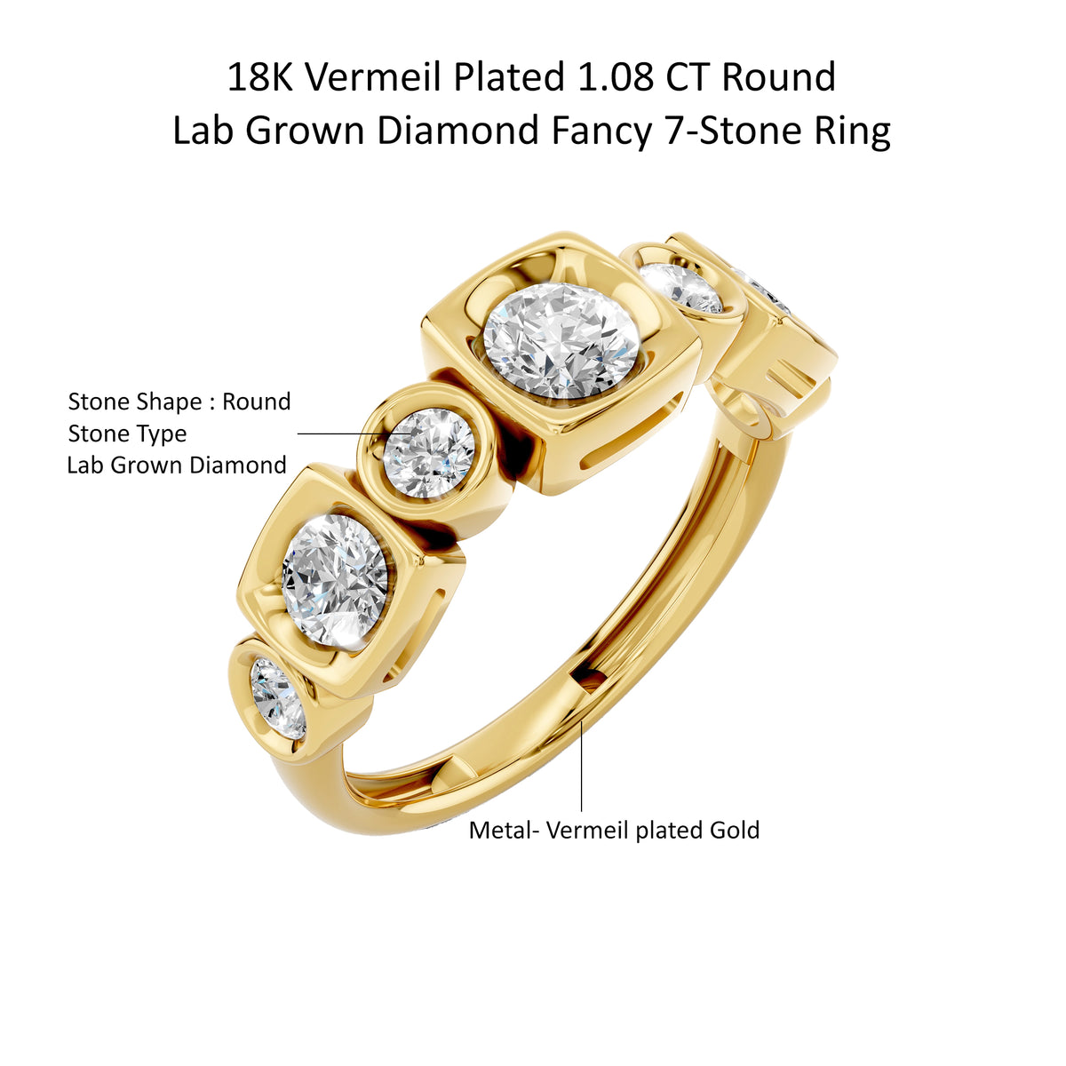 14k Yellow Gold or 18K Gold Vermeil 1.08 Ct Round Lab Grown Diamond Fancy 7-Stone Ring Size 7
