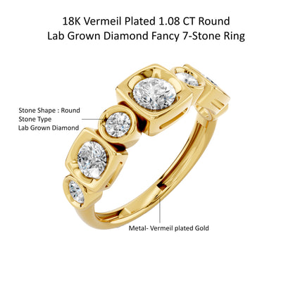 14k Yellow Gold or 18K Gold Vermeil 1.08 Ct Round Lab Grown Diamond Fancy 7-Stone Ring Size 7