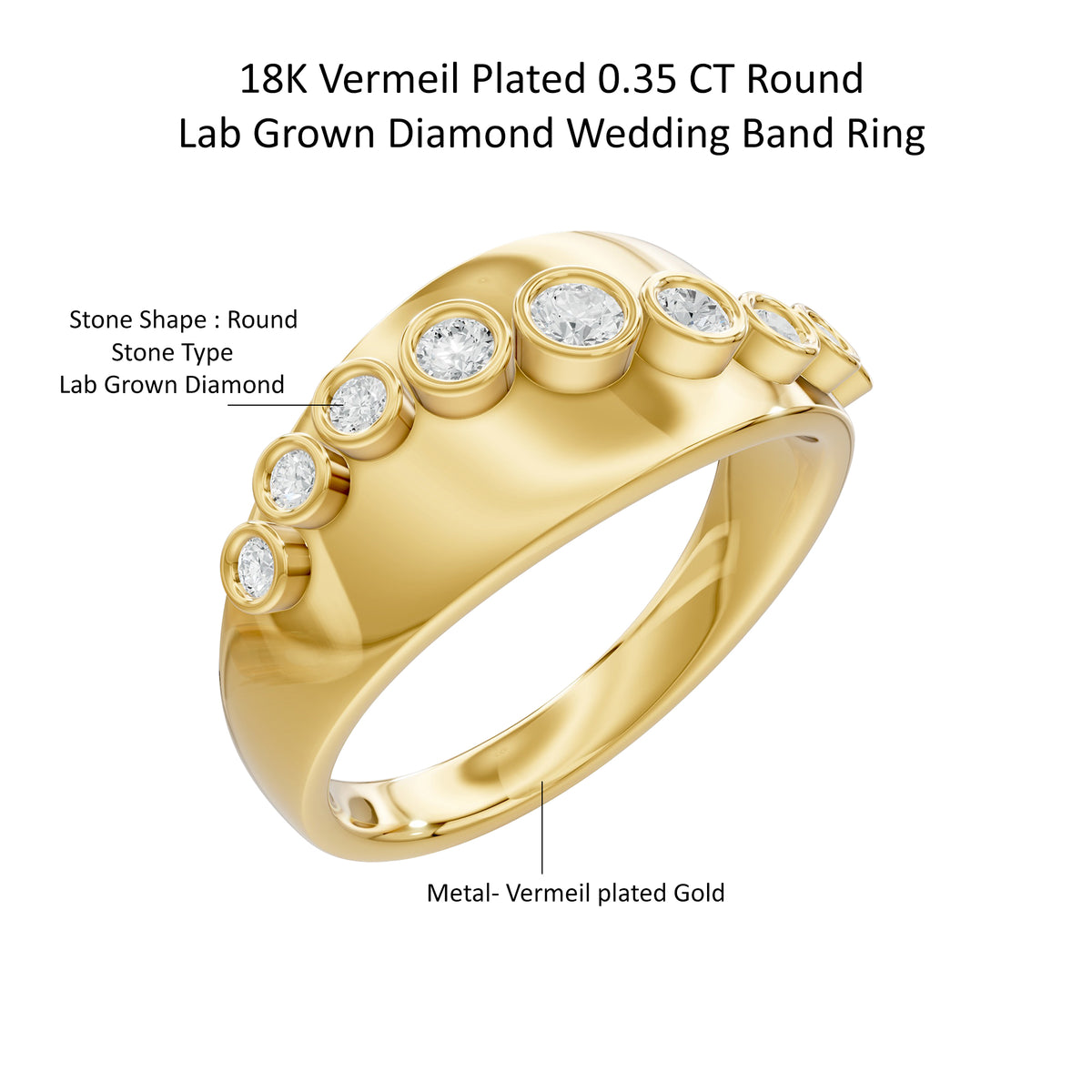 14k Yellow Gold or 18K Gold Vermeil 0.35 Ct Round Lab Grown Diamond Wedding Band Ring Size 7