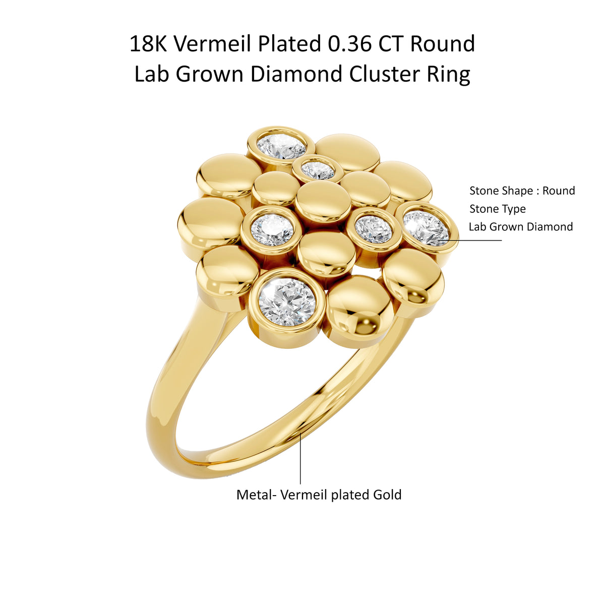 14k Yellow Gold or 18K Gold Vermeil 0.36 Ct Round Lab Grown Diamond Cluster Ring Size 7