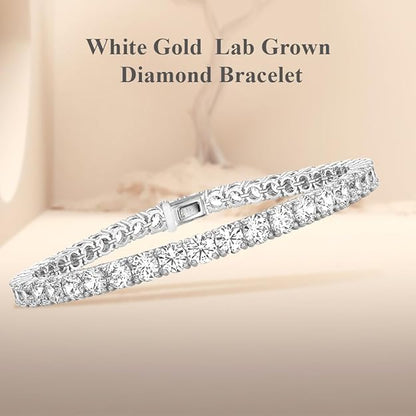 14k Gold Round Cut Lab Grown Diamond Tennis Bracelet (3ct to 15ct, Color-D, Clarity- VS) 7"