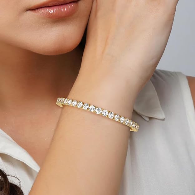 14k Gold Round Cut Lab Grown Diamond Tennis Bracelet (3ct to 15ct, Color-D, Clarity- VS) 7"