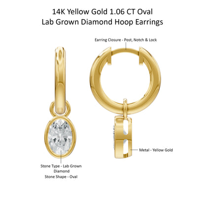 14k Yellow Gold or 18K Gold Vermeil 1.06 Ct Oval Lab Grown Diamond Hoop Earrings