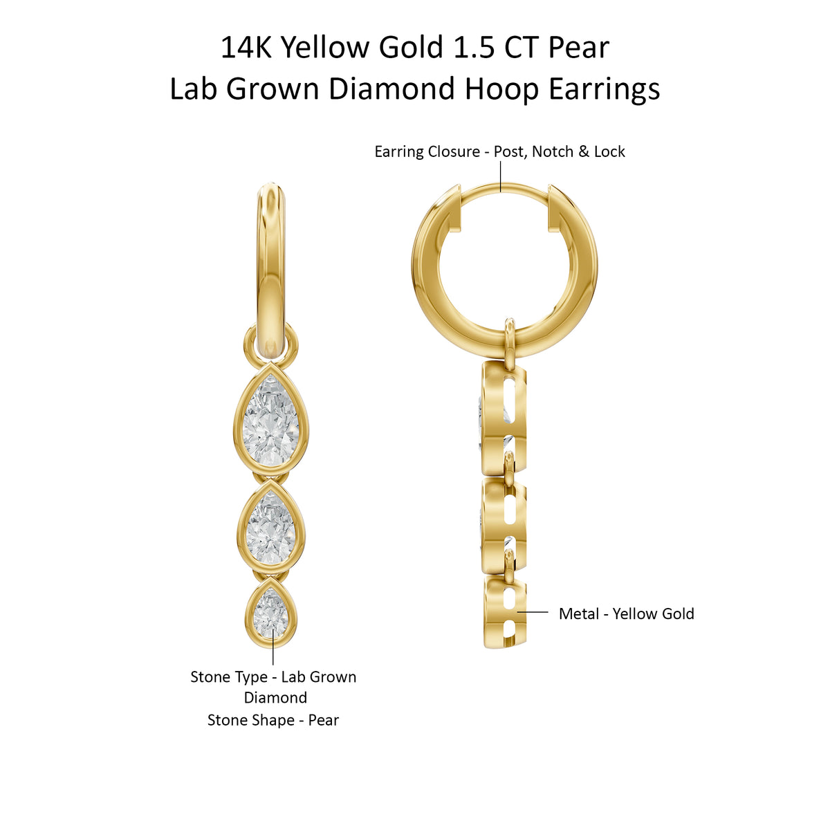 14k Yellow Gold or 18K Gold Vermeil 1.5 Ct Pear Lab Grown Diamond Hoop Earrings