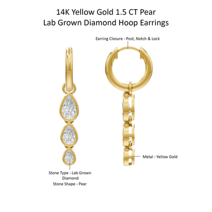 14k Yellow Gold or 18K Gold Vermeil 1.5 Ct Pear Lab Grown Diamond Hoop Earrings