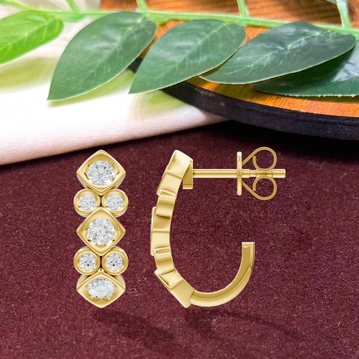 14k Yellow Gold or 18K Gold Vermeil 1.02 Ct Round Lab Grown Diamond J-Hoop Earrings