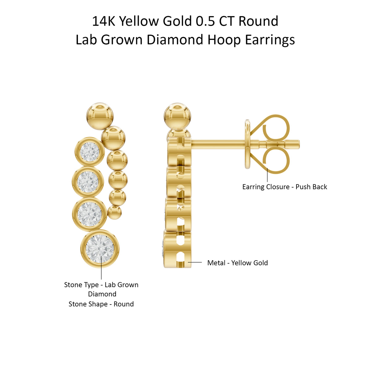 14k Yellow Gold or 18K Gold Vermeil 0.5 Ct Round Lab Grown Diamond Hoop Earrings