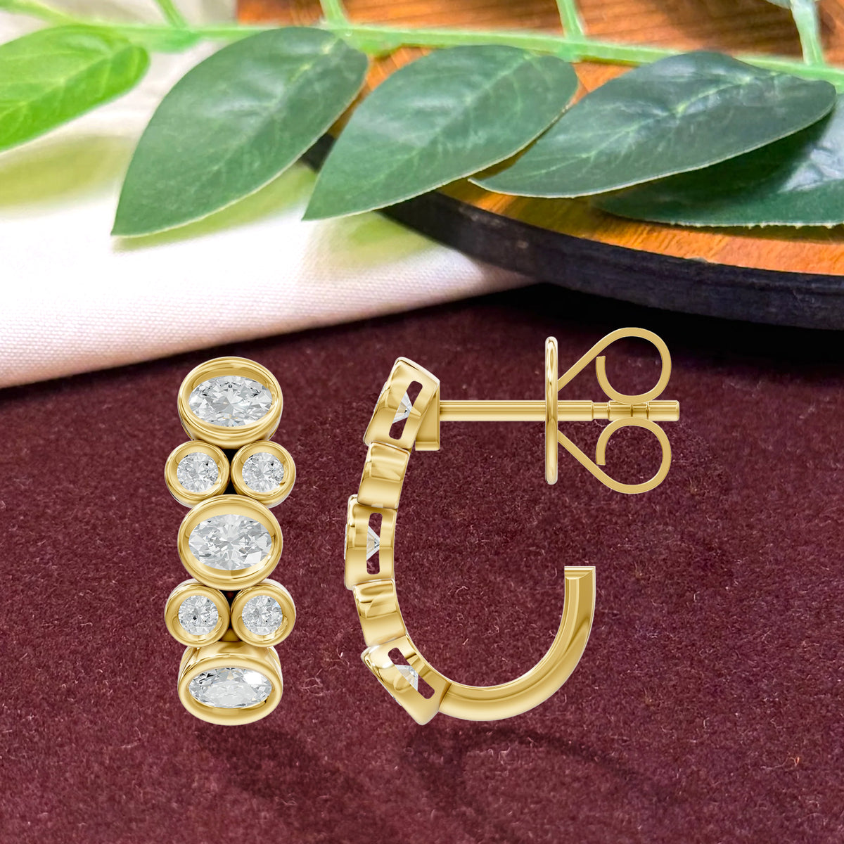 14k Yellow Gold or 18K Gold Vermeil 1.06 Ct Multi-Shape Lab Grown Diamond J-Hoop Earrings