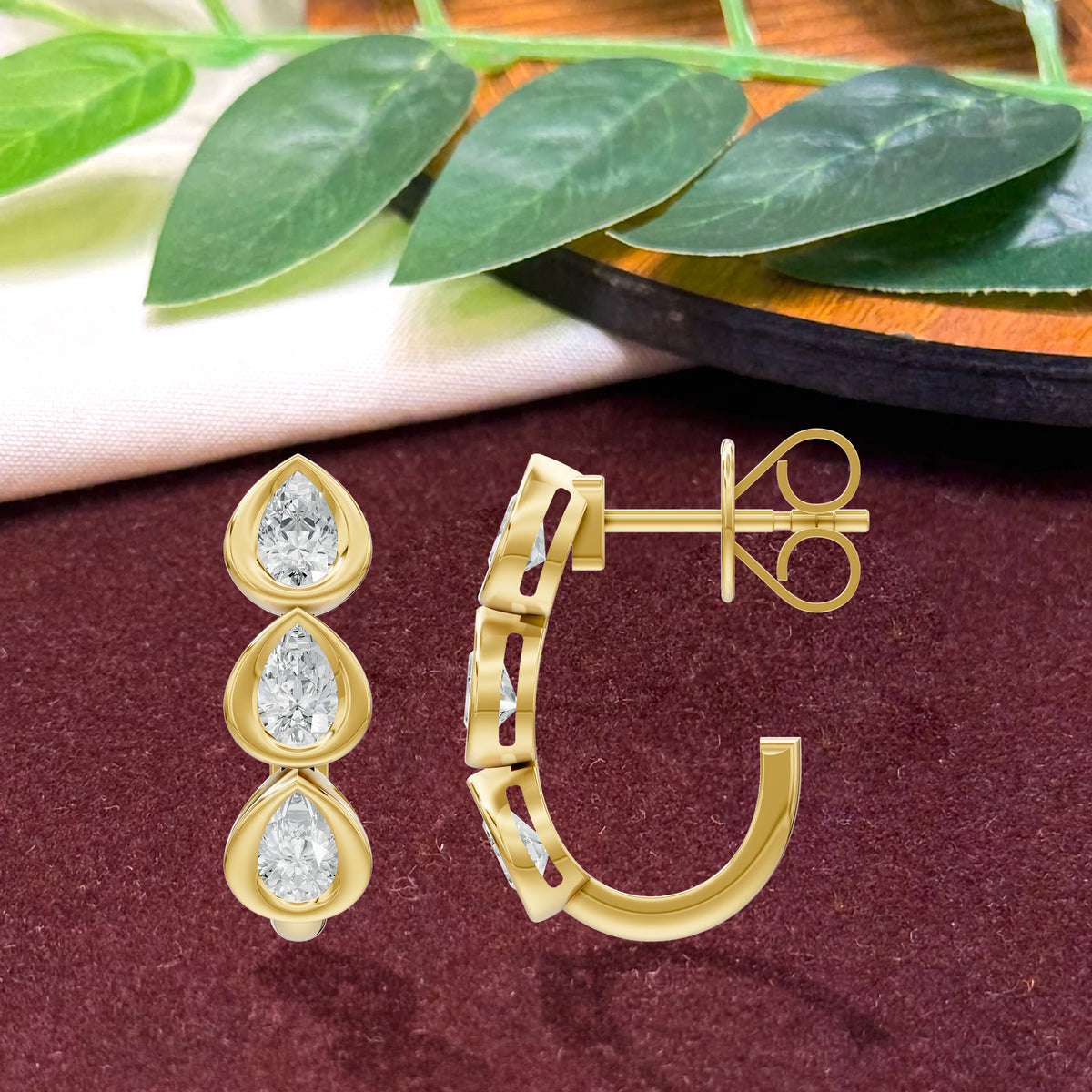 14k Yellow Gold or 18K Gold Vermeil 0.96 Ct Pear Lab Grown Diamond J-Hoop Earrings