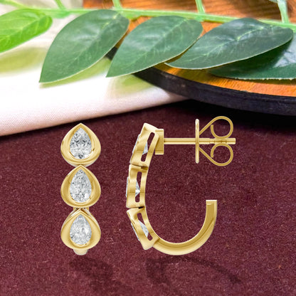 14k Yellow Gold or 18K Gold Vermeil 0.96 Ct Pear Lab Grown Diamond J-Hoop Earrings