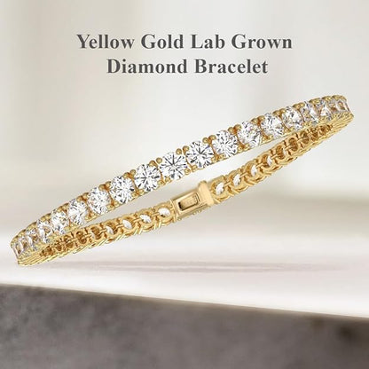 14k Gold Round Cut Lab Grown Diamond Tennis Bracelet (3ct to 15ct, Color-D, Clarity- VS) 7"