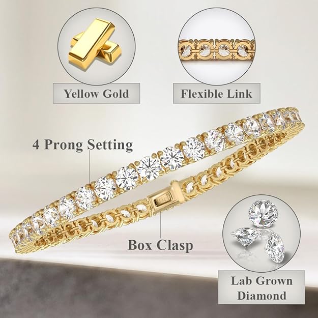 14k Gold Round Cut Lab Grown Diamond Tennis Bracelet (3ct to 15ct, Color-D, Clarity- VS) 7"