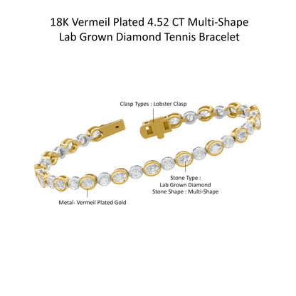 14k Yellow Gold or 18K Gold Vermeil 4.52 Ct Multi-Shape Lab Grown Diamond Tennis Bracelet