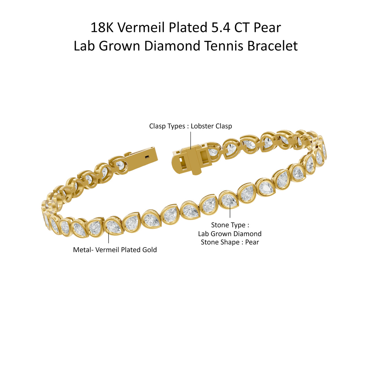 14k Yellow Gold or 18K Gold Vermeil 5.4 Ct Pear Lab Grown Diamond Tennis Bracelet