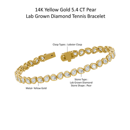 14k Yellow Gold or 18K Gold Vermeil 5.4 Ct Pear Lab Grown Diamond Tennis Bracelet