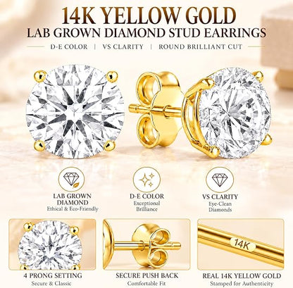 0.25ct to 6ct Round Lab-Grown Solitaire Diamond 14K Gold Stud Earrings (D-E Color, VS Clarity)