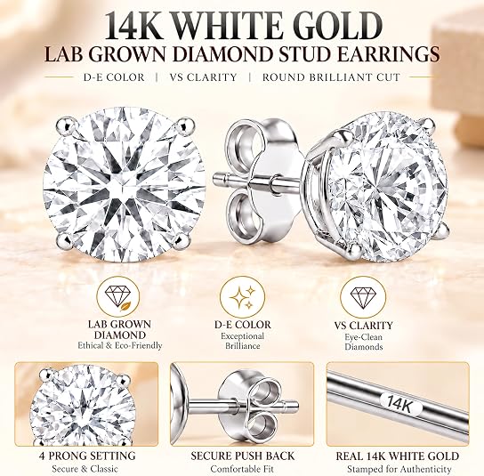 0.25ct to 6ct Round Lab-Grown Solitaire Diamond 14K Gold Stud Earrings (D-E Color, VS Clarity)