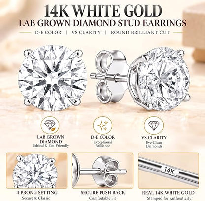 0.25ct to 6ct Round Lab-Grown Solitaire Diamond 14K Gold Stud Earrings (D-E Color, VS Clarity)