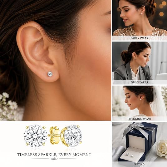 0.25ct to 6ct Round Lab-Grown Solitaire Diamond 14K Gold Stud Earrings (D-E Color, VS Clarity)