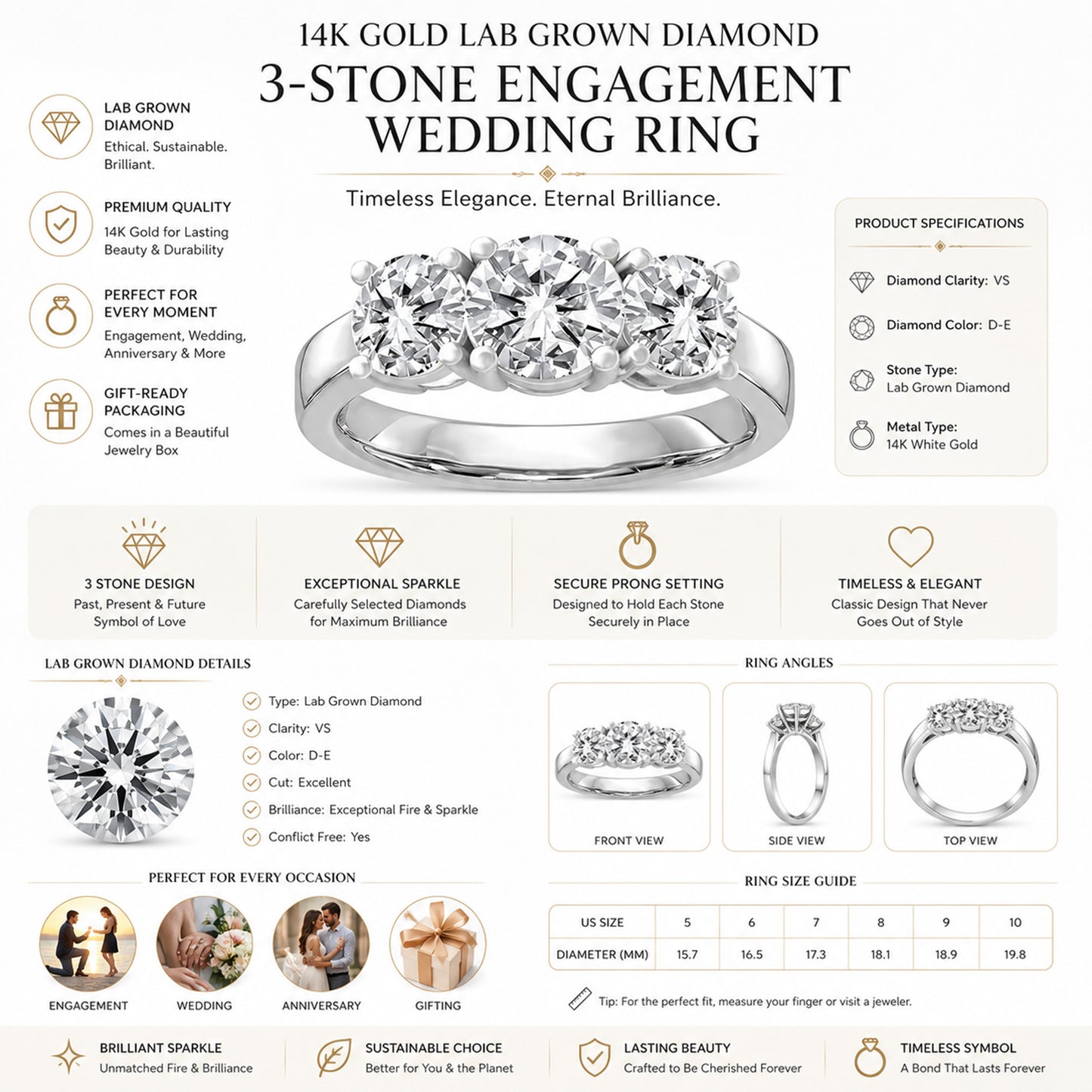 14k Gold Lab Grown Diamond 3-Stone Engagement Ring D-E Color, VS Clarity
