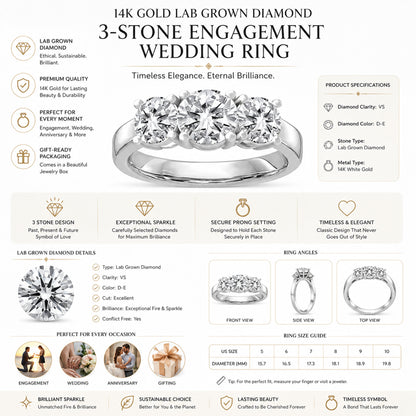 14k Gold Lab Grown Diamond 3-Stone Engagement Ring D-E Color, VS Clarity
