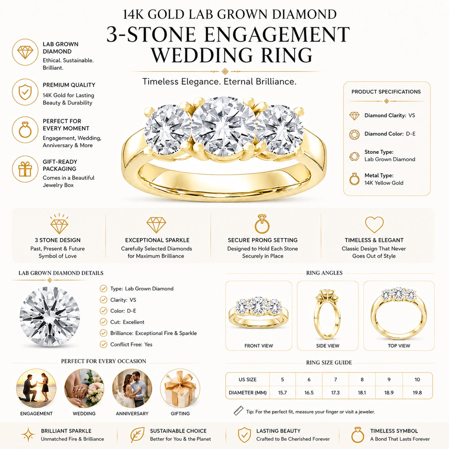 14k Gold Lab Grown Diamond 3-Stone Engagement Ring D-E Color, VS Clarity