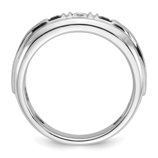 14k White Gold Men's Polished Satin Square 1/6 Carat Diamond and Lab Created Sapphire 3-Stone Ring Size 10