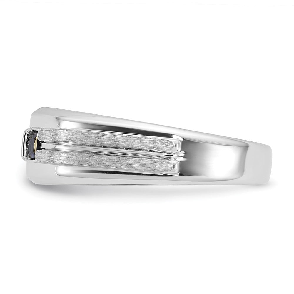 14k White Gold Men's Polished Satin Square 1/6 Carat Diamond and Lab Created Sapphire 3-Stone Ring Size 10