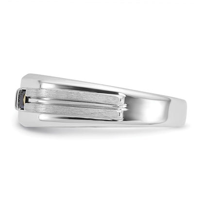 14k White Gold Men's Polished Satin Square 1/6 Carat Diamond and Lab Created Sapphire 3-Stone Ring Size 10