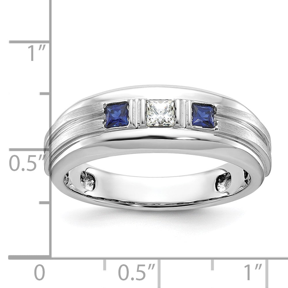 14k White Gold Men's Polished Satin Square 1/6 Carat Diamond and Lab Created Sapphire 3-Stone Ring Size 10