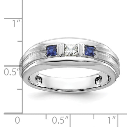 14k White Gold Men's Polished Satin Square 1/6 Carat Diamond and Lab Created Sapphire 3-Stone Ring Size 10