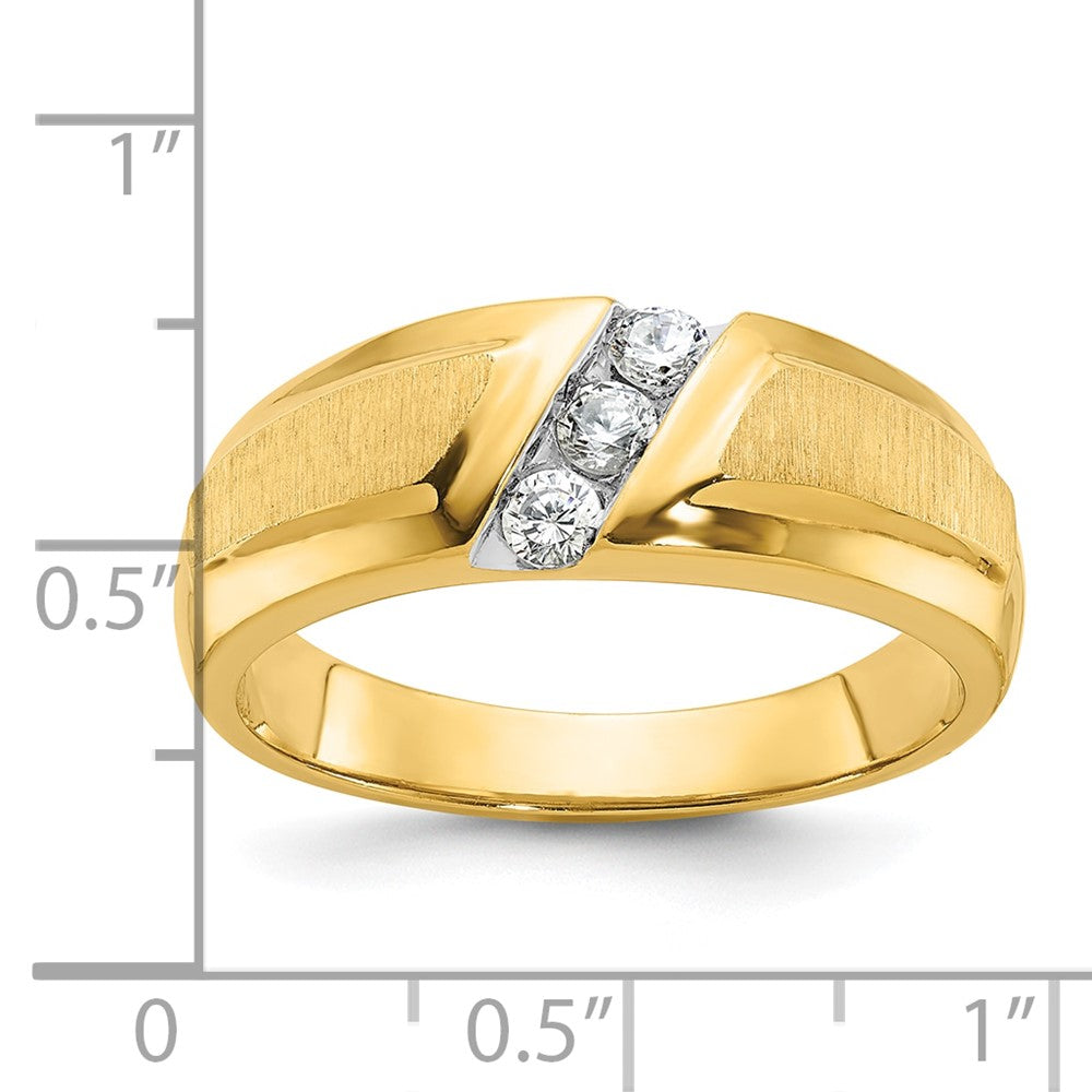 14k Yellow Gold Men's Polished and Satin 3-Stone 1/4 Carat Diamond Ring Size 10