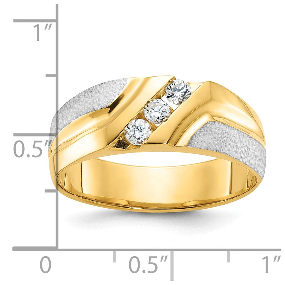 14k Two-tone Gold Men's Polished Satin and Grooved 3-Stone 1/4 Carat Diamond Ring Size 10