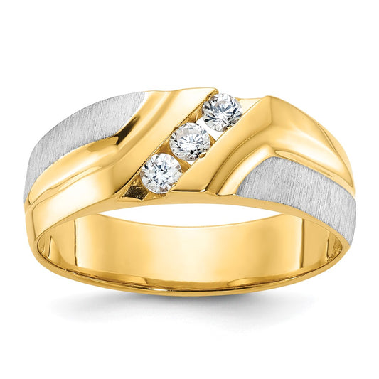 14k Two-tone Gold Men's Polished Satin and Grooved 3-Stone 1/4 Carat Diamond Ring Size 10