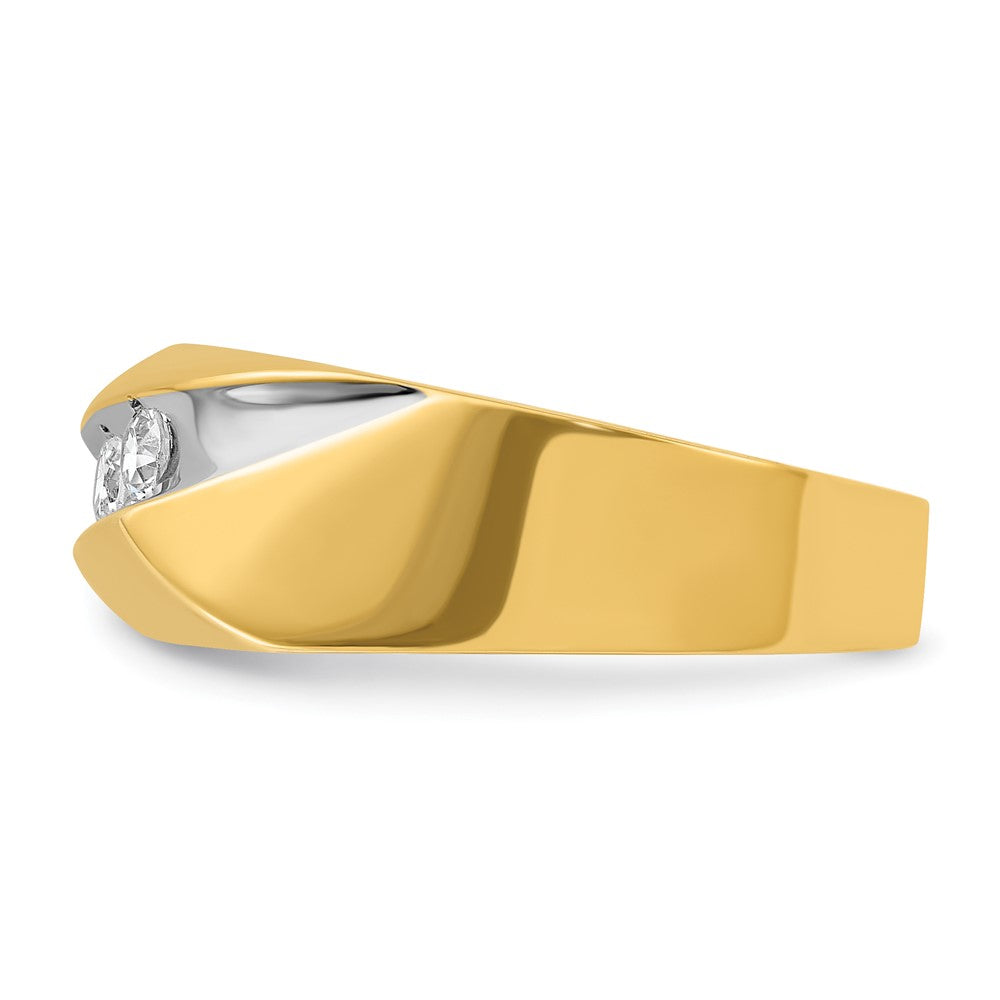 14k Yellow Gold White Rhodium Men's Polished and Grooved 3-Stone 1/3 Carat Diamond Ring Size 10