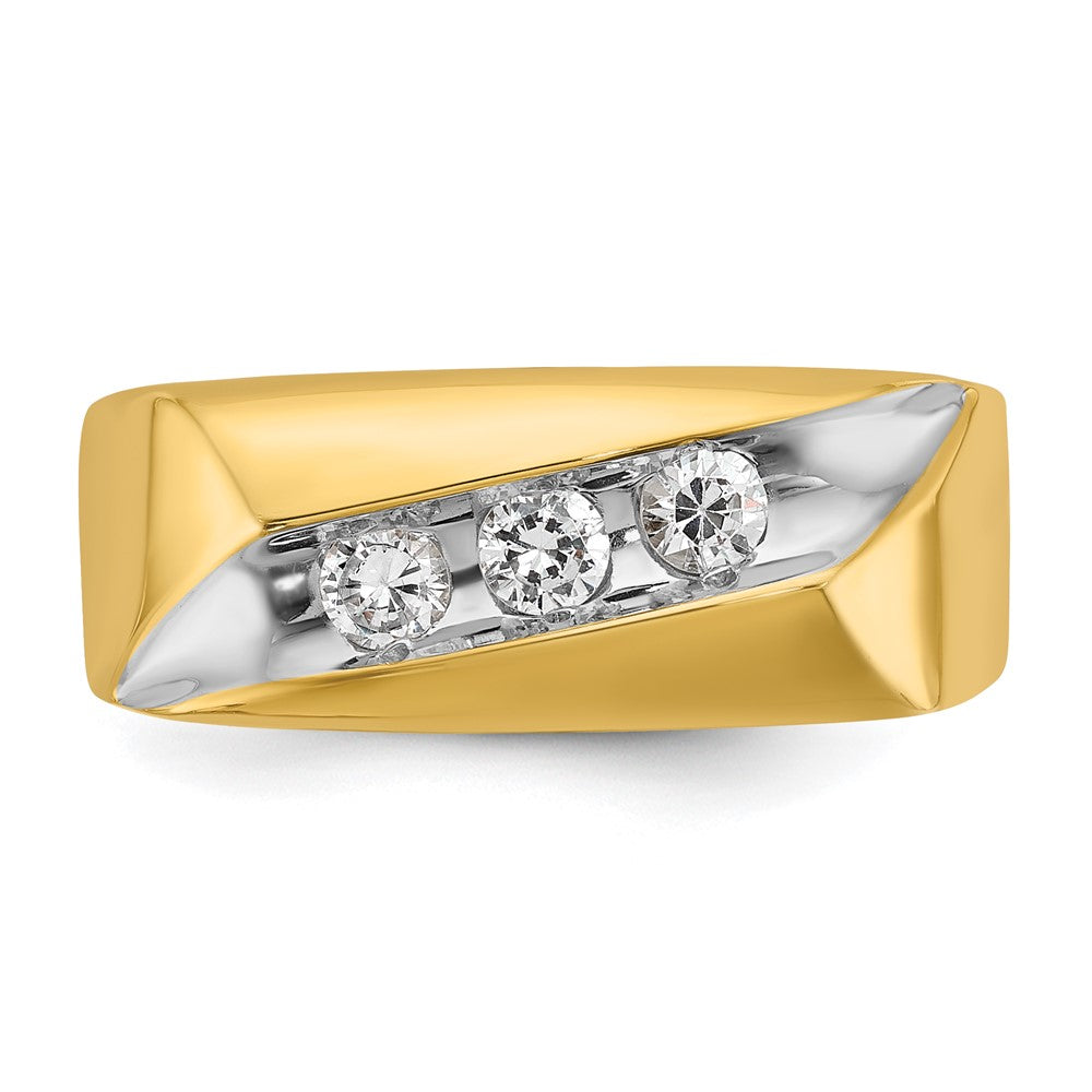 14k Yellow Gold White Rhodium Men's Polished and Grooved 3-Stone 1/3 Carat Diamond Ring Size 10