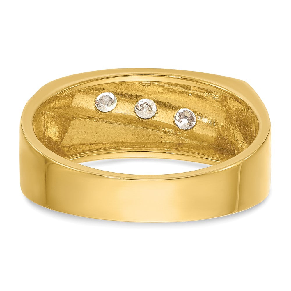 14k Yellow Gold White Rhodium Men's Polished and Grooved 3-Stone 1/3 Carat Diamond Ring Size 10