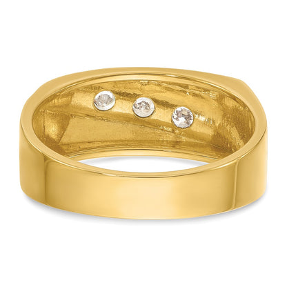 14k Yellow Gold White Rhodium Men's Polished and Grooved 3-Stone 1/3 Carat Diamond Ring Size 10
