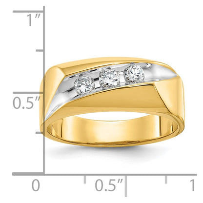 14k Yellow Gold White Rhodium Men's Polished and Grooved 3-Stone 1/3 Carat Diamond Ring Size 10