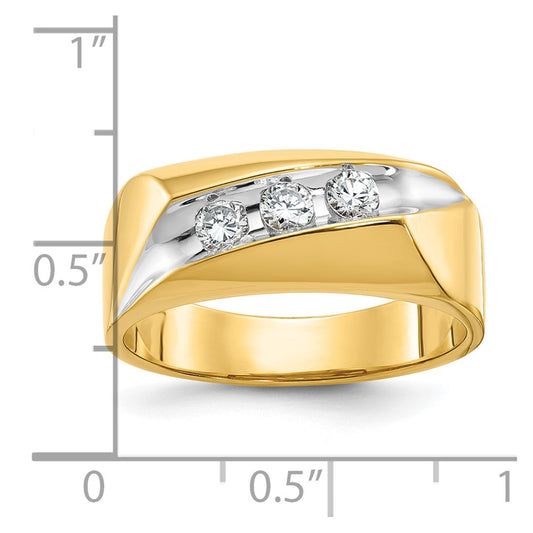 14k Yellow Gold White Rhodium Men's Polished and Grooved 3-Stone 1/3 Carat Diamond Ring Size 10