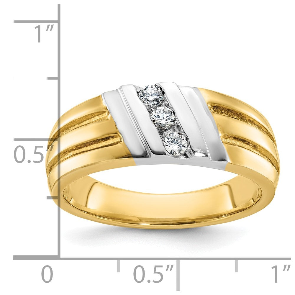 10k Two-tone Gold Men's Polished and Grooved 3-Stone 1/5 Carat Diamond Ring Size 10