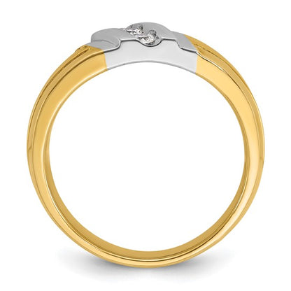 14k Two-tone Gold Men's Polished and Grooved 3-Stone 1/5 Carat Diamond Ring Size 10