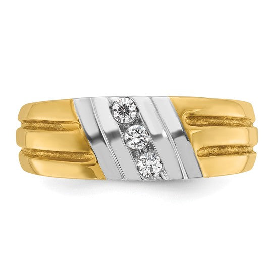 14k Two-tone Gold Men's Polished and Grooved 3-Stone 1/5 Carat Diamond Ring Size 10