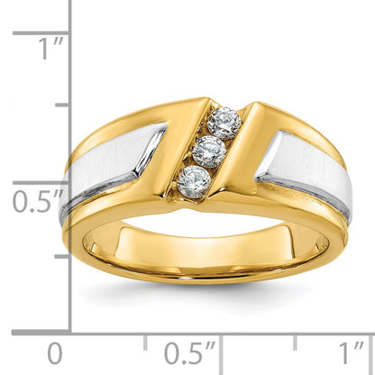 14k Two-tone Gold Men's Polished and Satin 3-Stone 1/4 Carat Diamond Ring Size 10