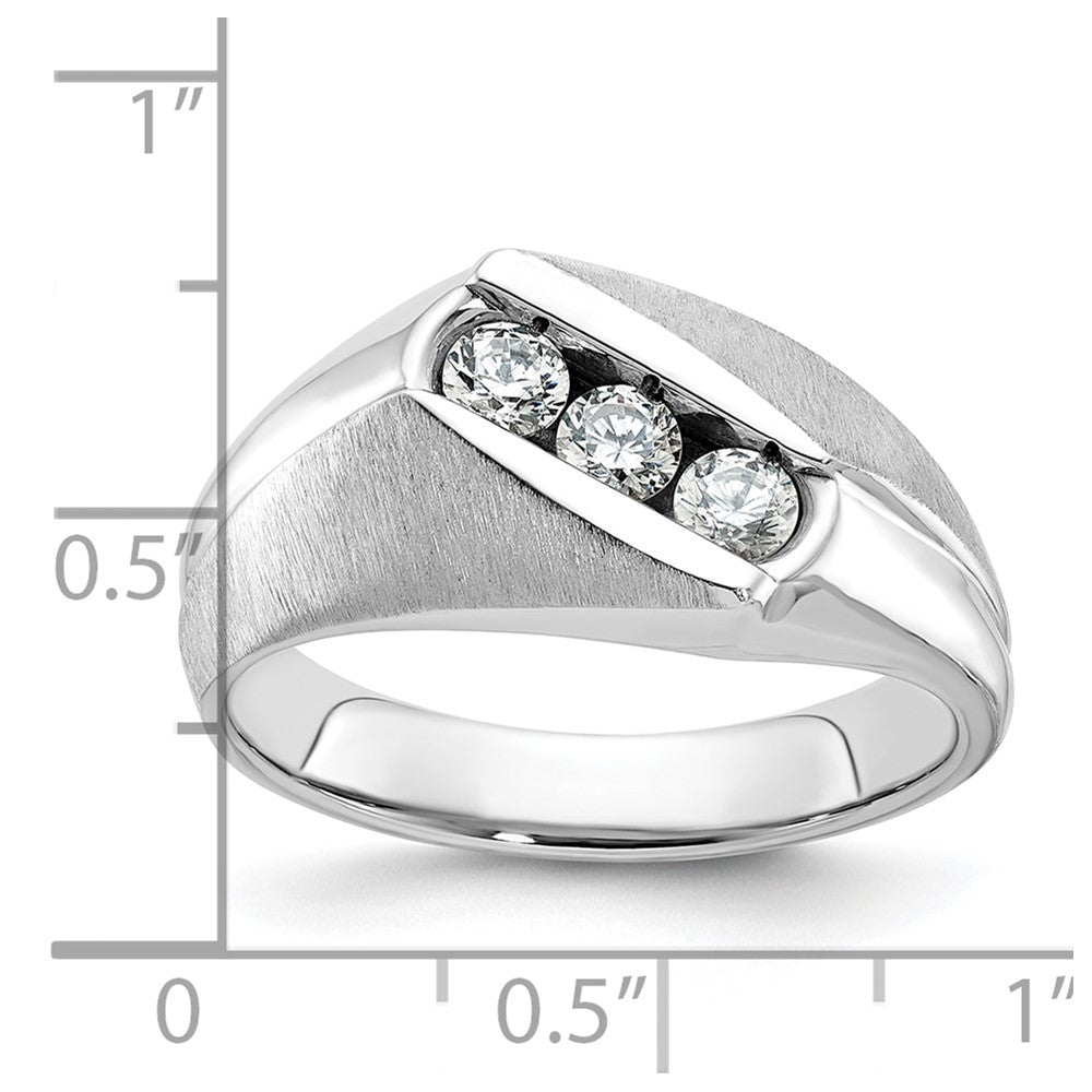 14k White Gold Men's Polished and Satin 3-Stone 1/2 Carat Diamond Ring Size 10