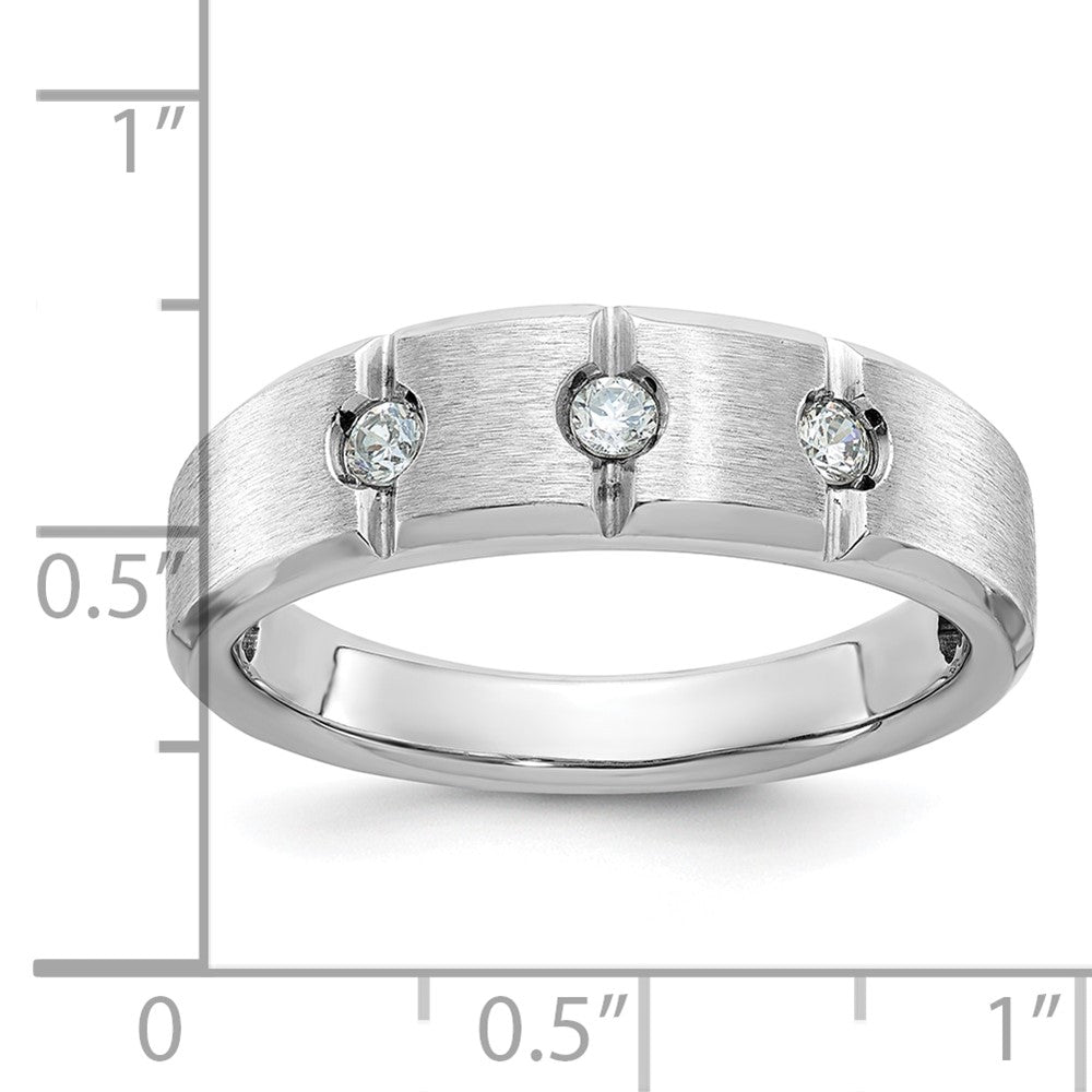 14k White Gold Men's Polished Satin and Grooved 3-Stone 1/5 Carat Diamond Ring Size 10