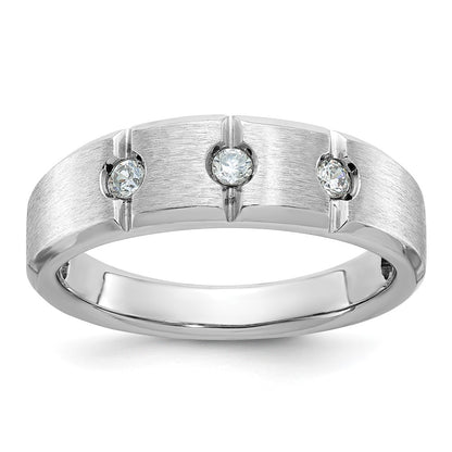 14k White Gold Men's Polished Satin and Grooved 3-Stone 1/5 Carat Diamond Ring Size 10